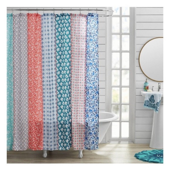 Pioneer Woman Ditsy Patchwork Shower Curtain! 72x72 Blue Aqua & White - Picture 1 of 7